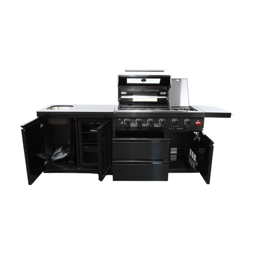 VESTIVIUM 2-Piece Modular Outdoor Kitchen Island Set – Premium Black Stainless Steel Design With 4-Burner Grill, Infrared Rotisserie Burner & Side Burner, Built-In Sink & Refrigerator, Black Galaxy Granite Top, image 6