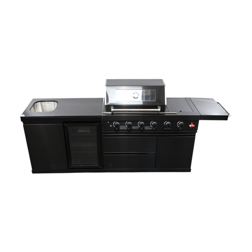 VESTIVIUM 2-Piece Modular Outdoor Kitchen Island Set – Premium Black Stainless Steel Design With 4-Burner Grill, Infrared Rotisserie Burner & Side Burner, Built-In Sink & Refrigerator, Black Galaxy Granite Top, image 3