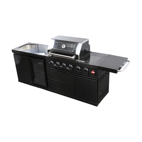 VESTIVIUM 2-Piece Modular Outdoor Kitchen Island Set – Premium Black Stainless Steel Design With 4-Burner Grill, Infrared Rotisserie Burner & Side Burner, Built-In Sink & Refrigerator, Black Galaxy Granite Top, image 4