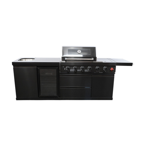 VESTIVIUM 2-Piece Modular Outdoor Kitchen Island Set – Premium Black Stainless Steel Design With 4-Burner Grill, Infrared Rotisserie Burner & Side Burner, Built-In Sink & Refrigerator, Black Galaxy Granite Top, image 2