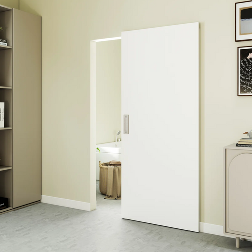 JUBEST Concealed/Invisible Magic White Primed Flush Sliding Barn Doors With Installation Hardware Kit Including Double Sided Stain Nickel Flush Pulls, image 1