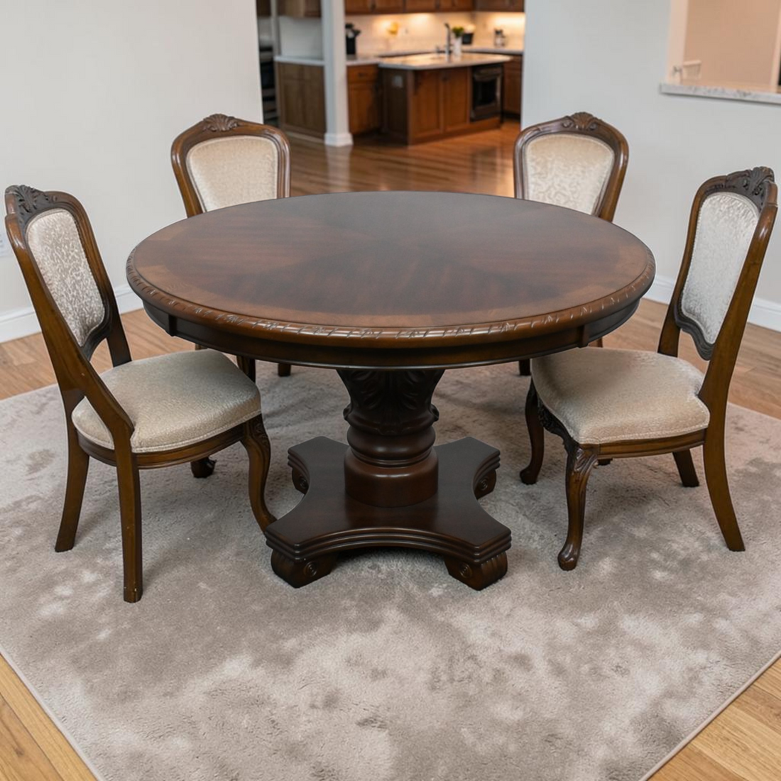 Astoria Grand Traditional 48 Inch Round Dining Table With Carved Pedestal Base, Rubber Wood Construction
