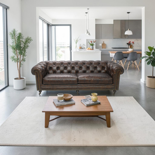 Moe's Home Collection Genuine Leather Rolled Arm Chesterfield Sofa with Reversible Cushions, image 1