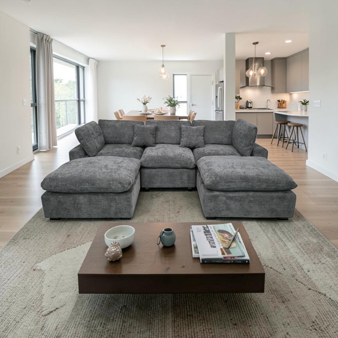 Latitude Run Modular Plush Chenille Extra Soft Deep Cloud Sectional U-shaped Sofa With Ottoman & Armrest Pillows