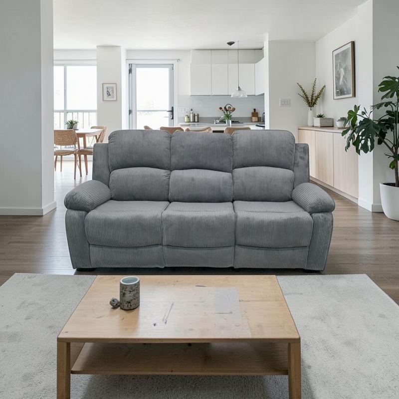 Latitude Run Dark Grey Corduroy 3-Seat Manual Recliner Sofa With Drop-Down Table & Cup Holders