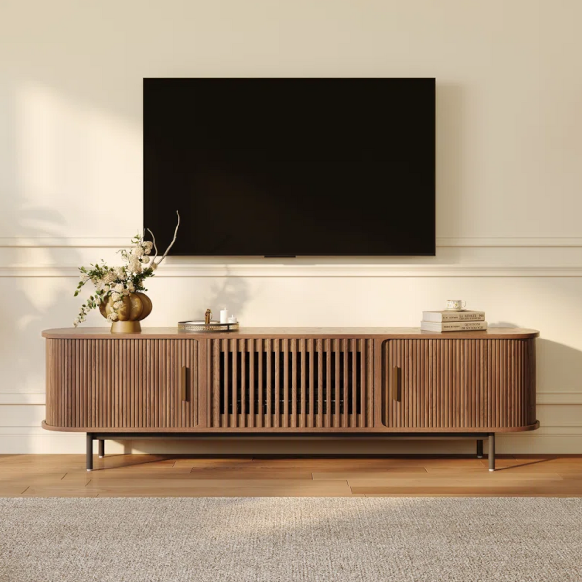 POVISON Mid-Century Modern TV Stand, Sliding Door, Fully Assembly