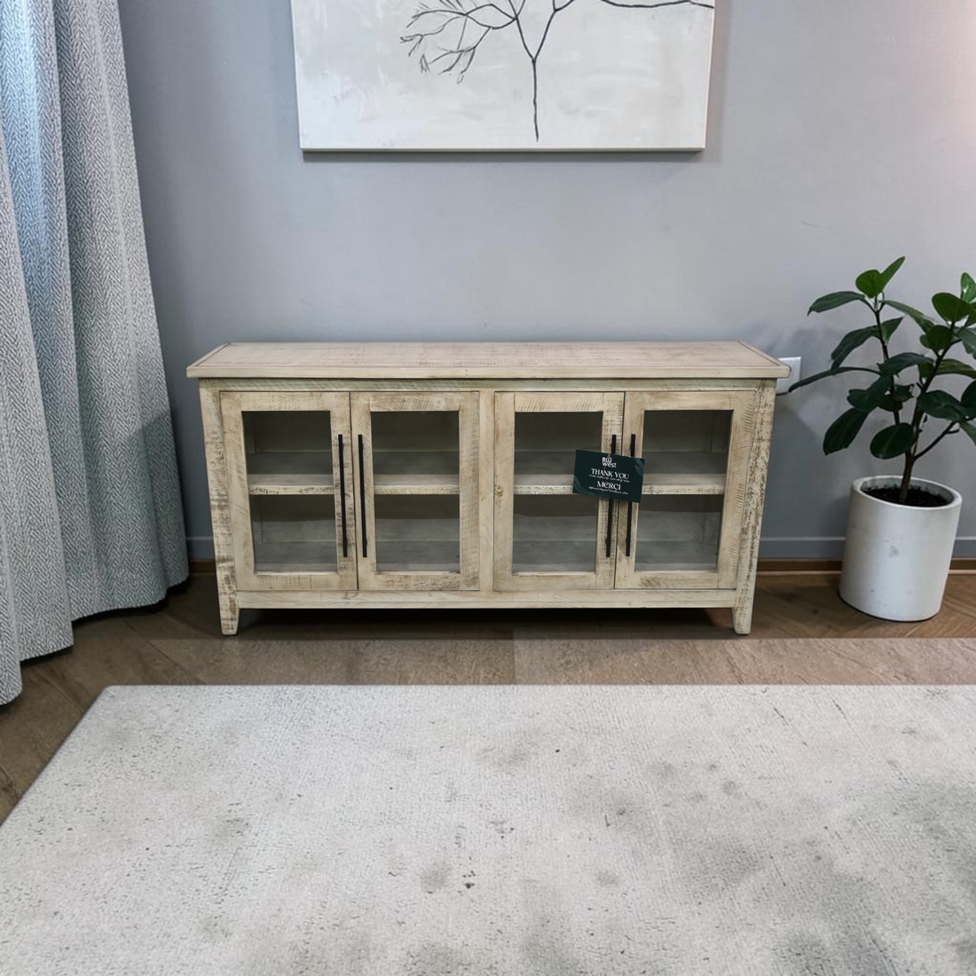 Ebern Designs Solid Wood Sideboard Cabinet TV Console Grey Pine Wood
