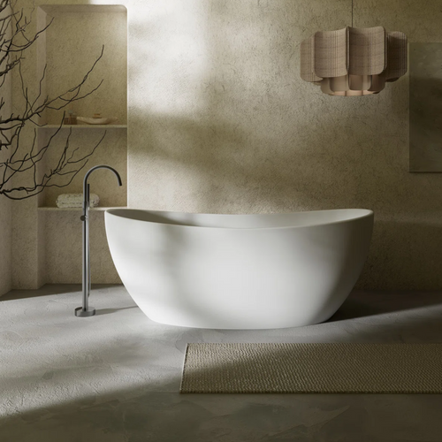 MonBlari Freestanding White Soaking Solid Surface Bathtub with Overflow and Pop-up Drain For Bathroom, image 1