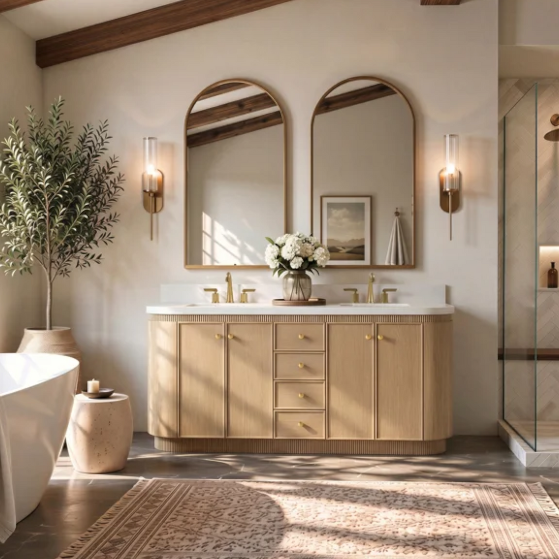 Ancerre Designs Aston Bath Vanity Set in American Oak Finish with Alpine White Quartz Top