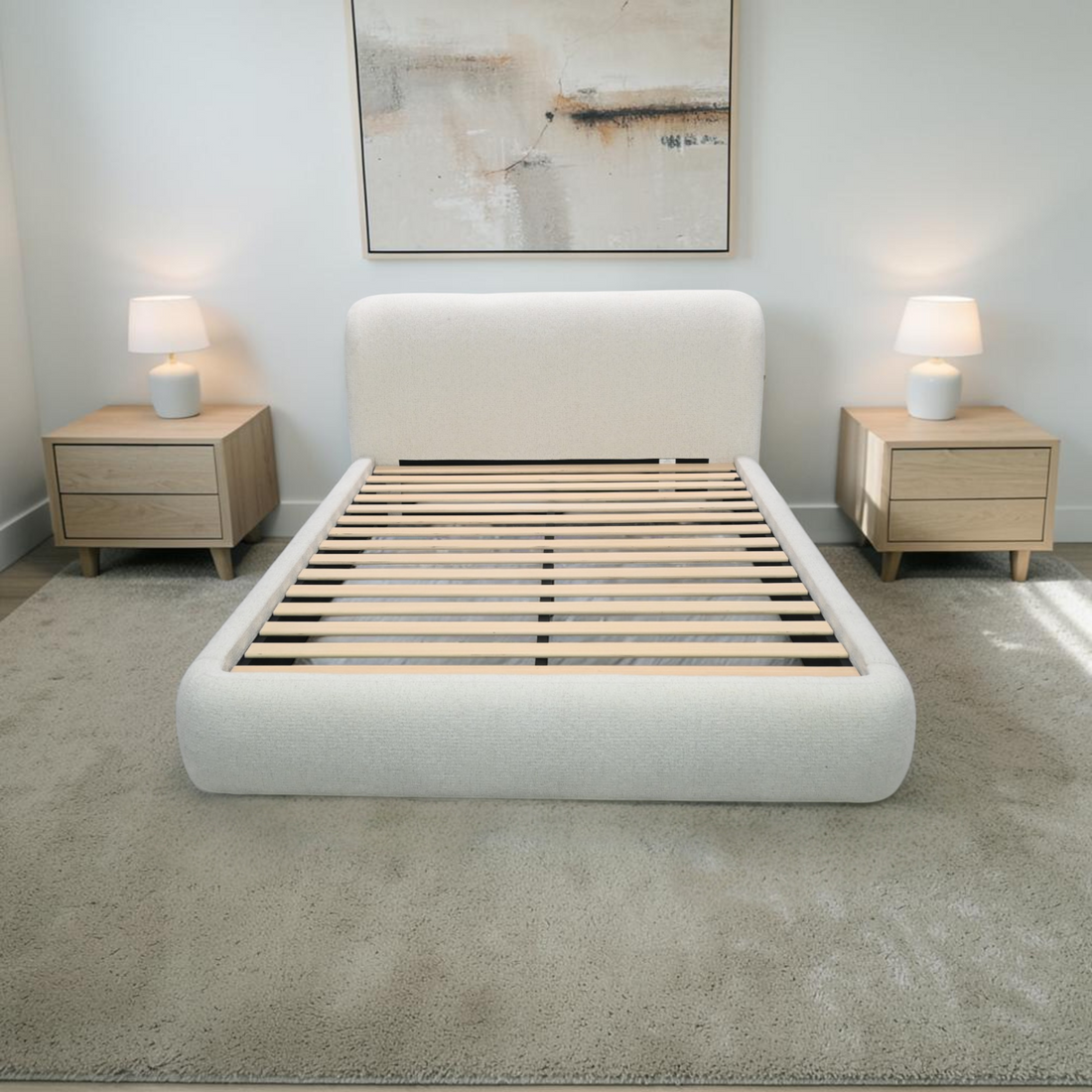 Latitude Run Modern Upholstered Queen Platform Bed with Wingback Headboard and Rounded Corners, Low Profile Platform