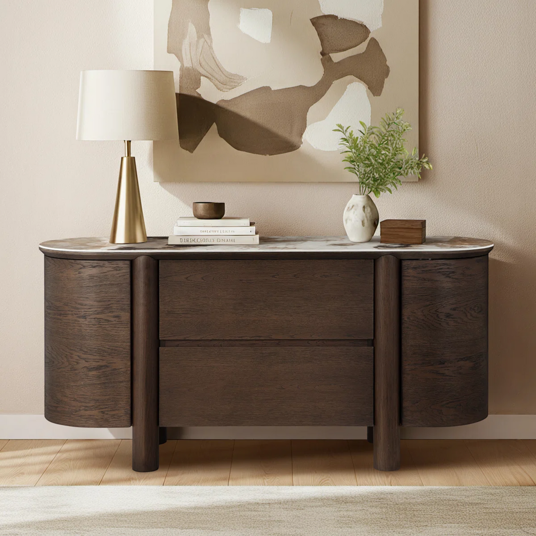 Ebern Designs Mavell Modern Oak Wood 2-Drawer Sideboard with Silver Fox Ceramic Top