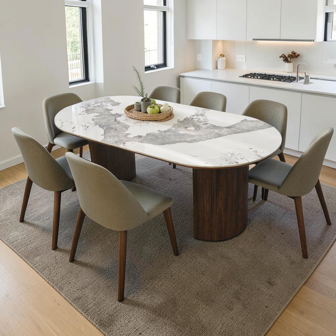 Latitude Run Iris Sintered Stone Solid Wood Pedestal Oval Dining Table Seat 6-8