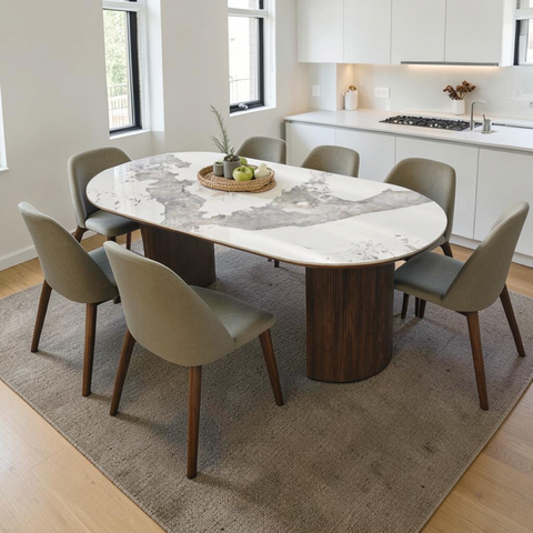 Latitude Run Iris Sintered Stone Solid Wood Pedestal Oval Dining Table Seat 6-8