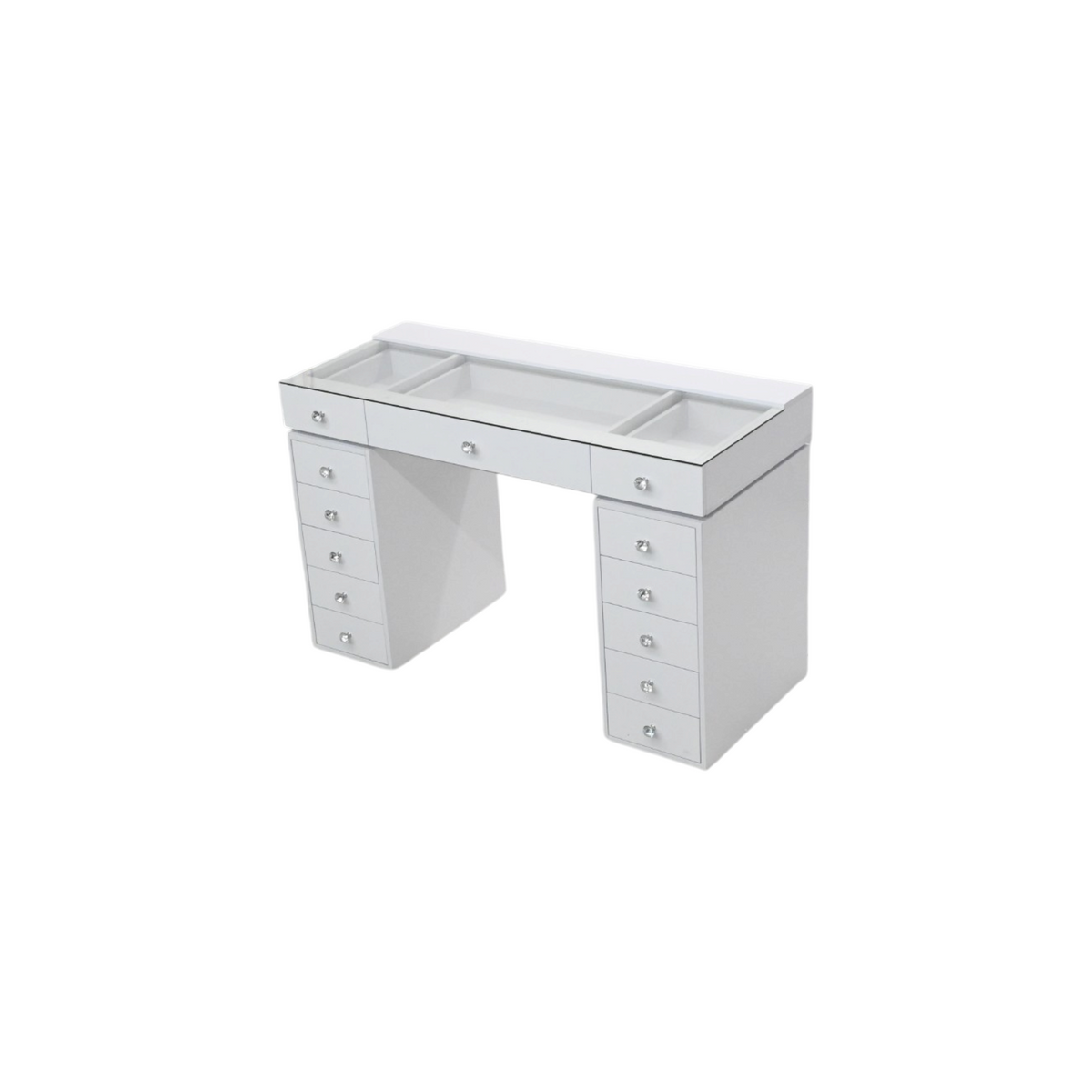 Latitude Run Large White Glass Top Vanity Desk with 13 Drawers, RGB Lights & Charging Ports, Easy 3‑Piece Assembly