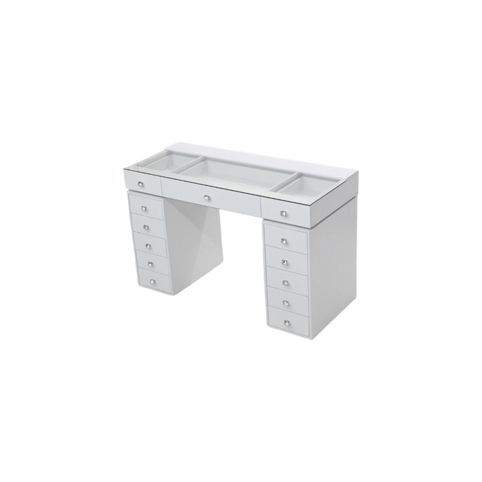 Latitude Run Large White Glass Top Vanity Desk with 13 Drawers, RGB Lights & Charging Ports, Easy 3‑Piece Assembly, image 3