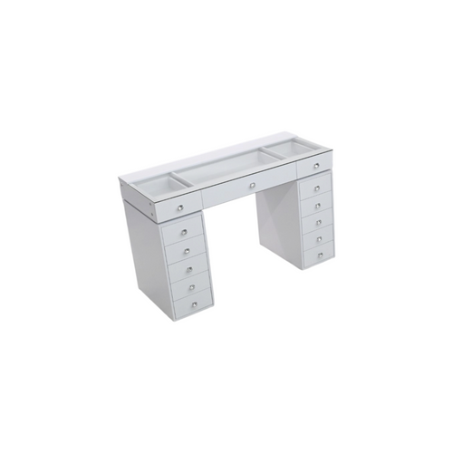 Latitude Run Large White Glass Top Vanity Desk with 13 Drawers, RGB Lights & Charging Ports, Easy 3‑Piece Assembly, image 4