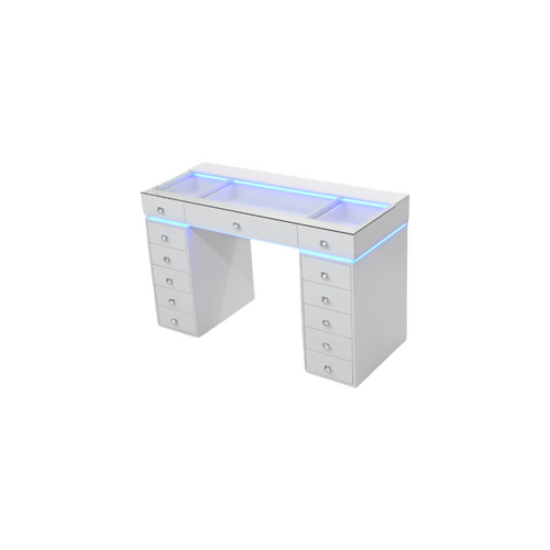 Latitude Run Large White Glass Top Vanity Desk with 13 Drawers, RGB Lights & Charging Ports, Easy 3‑Piece Assembly, image 5