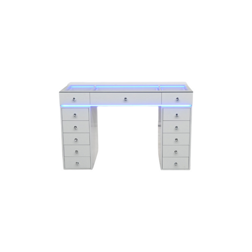 Latitude Run Large White Glass Top Vanity Desk with 13 Drawers, RGB Lights & Charging Ports, Easy 3‑Piece Assembly, image 6