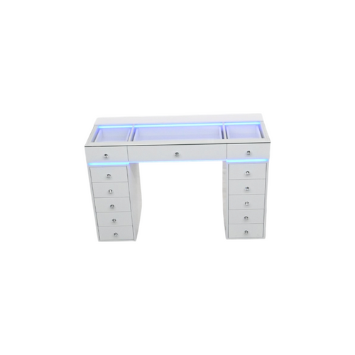 Latitude Run Large White Glass Top Vanity Desk with 13 Drawers, RGB Lights & Charging Ports, Easy 3‑Piece Assembly, image 7