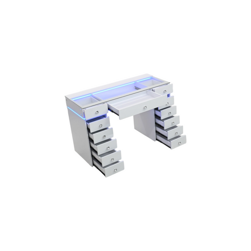 Latitude Run Large White Glass Top Vanity Desk with 13 Drawers, RGB Lights & Charging Ports, Easy 3‑Piece Assembly, image 8