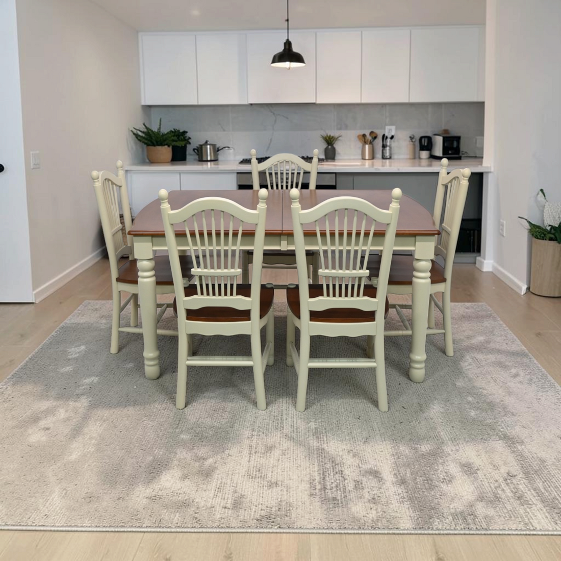 Canora Grey 6 Piece Modern Dining Table Set Includes a Rectangle Wooden Table with Butterfly Leaf and 5 Kitchen Dining Chairs, Buttermilk & Cherry
