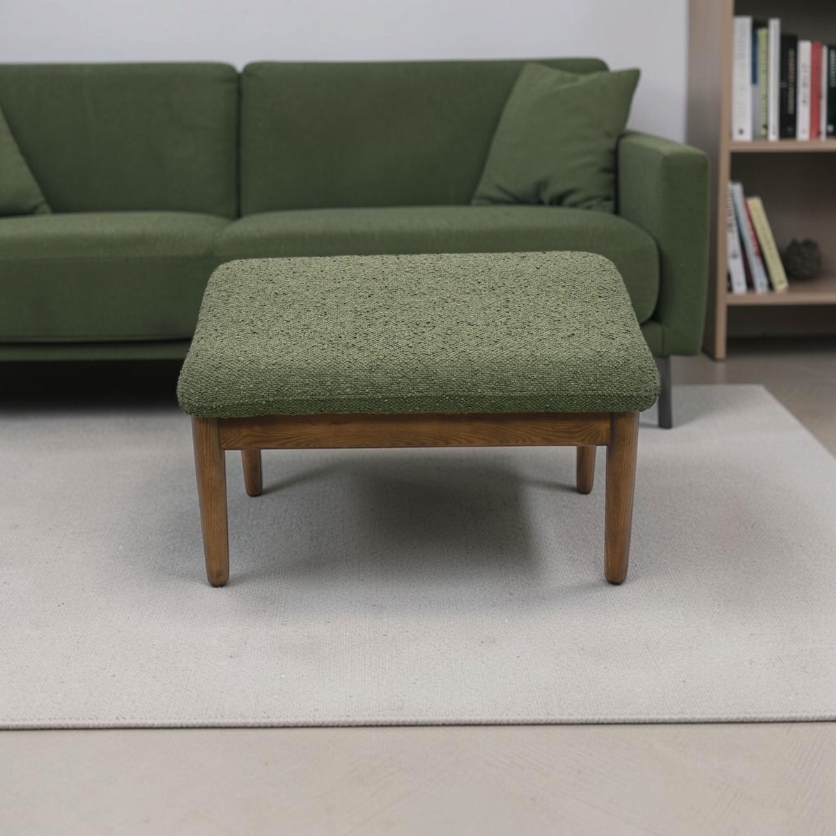 Burrow Gimlet Ottoman - Moss Green - Performance Boucle, Walnut
