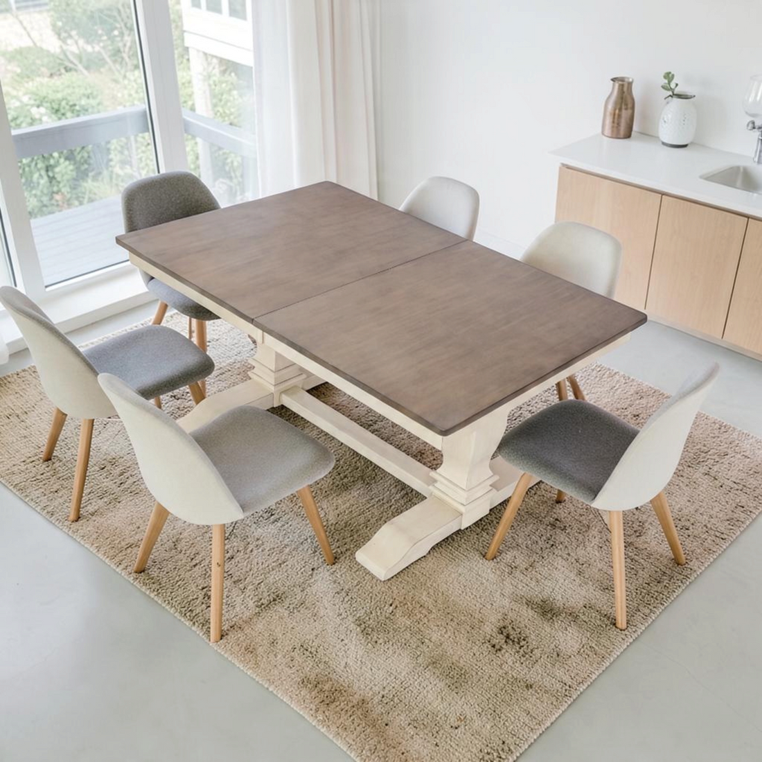 Rosalind Wheeler Florez Extendable Rectangle Solid Wood Dining Table in White and Grey