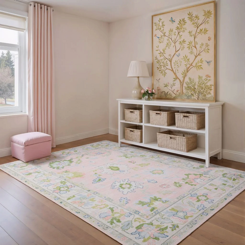 Bungalow Rose Kugler Traditional Bordered Floral Pink/ Green Printed Washable Flat Pile Area Rug