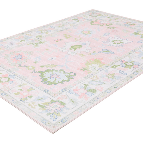 Bungalow Rose Kugler Traditional Bordered Floral Pink/ Green Printed Washable Flat Pile Area Rug, image 2