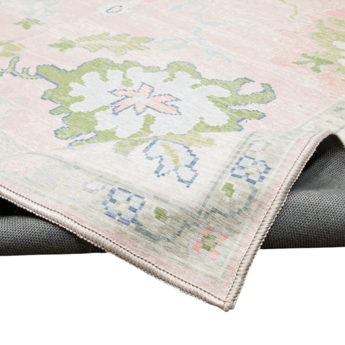Bungalow Rose Kugler Traditional Bordered Floral Pink/ Green Printed Washable Flat Pile Area Rug, image 3