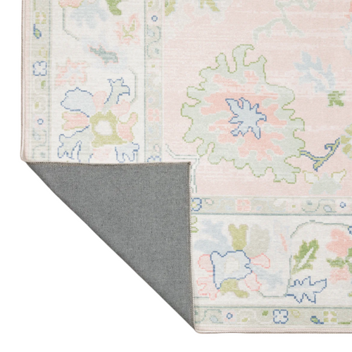 Bungalow Rose Kugler Traditional Bordered Floral Pink/ Green Printed Washable Flat Pile Area Rug, image 4