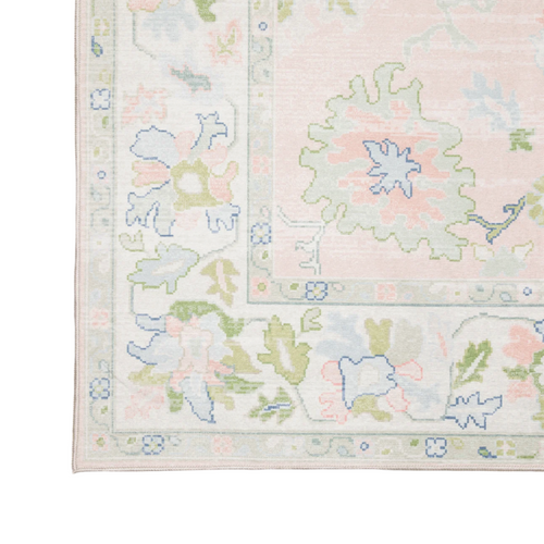 Bungalow Rose Kugler Traditional Bordered Floral Pink/ Green Printed Washable Flat Pile Area Rug, image 5