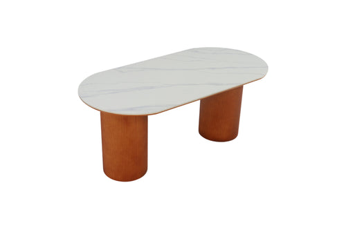 Latitude Run Maxsony Mid Century Dining Table with Glossy Stone Tabletop, Rectangular Kitchen Table with Solid Wood Double Pedestal for 6
