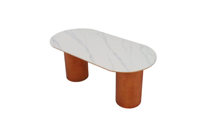 Latitude Run Maxsony Mid Century Dining Table with Glossy Stone Tabletop, Rectangular Kitchen Table with Solid Wood Double Pedestal for 6, image 3