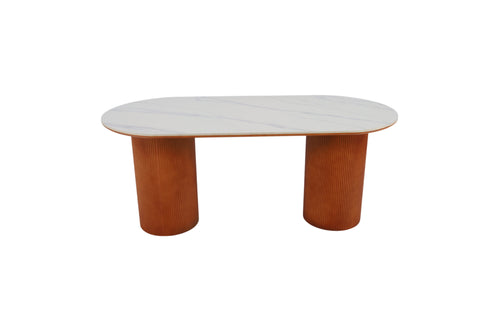 Latitude Run Maxsony Mid Century Dining Table with Glossy Stone Tabletop, Rectangular Kitchen Table with Solid Wood Double Pedestal for 6, image 4