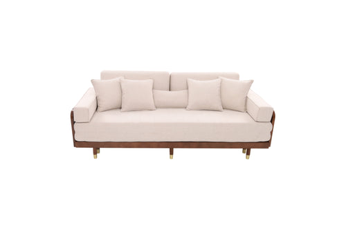 Mercer41 Grimpante Beige Cotton Linen Sofa Bed,Upholstered Sleeper with Solid Wood Legs
