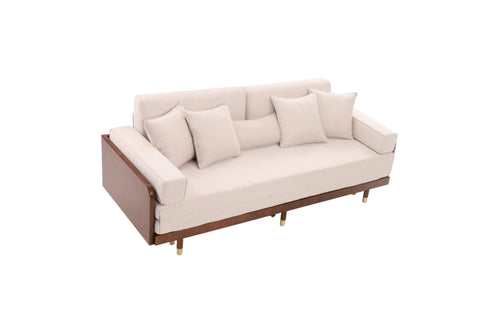 Mercer41 Grimpante Beige Cotton Linen Sofa Bed,Upholstered Sleeper with Solid Wood Legs, image 4