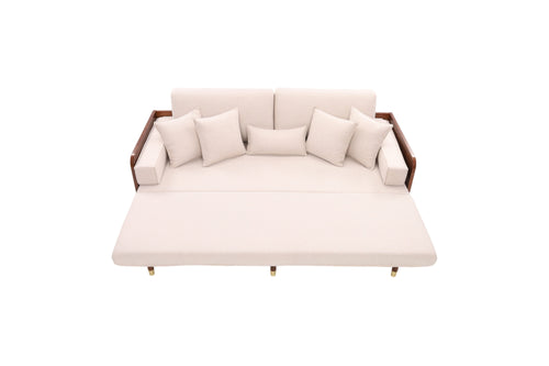 Mercer41 Grimpante Beige Cotton Linen Sofa Bed,Upholstered Sleeper with Solid Wood Legs, image 7