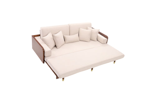 Mercer41 Grimpante Beige Cotton Linen Sofa Bed,Upholstered Sleeper with Solid Wood Legs, image 9