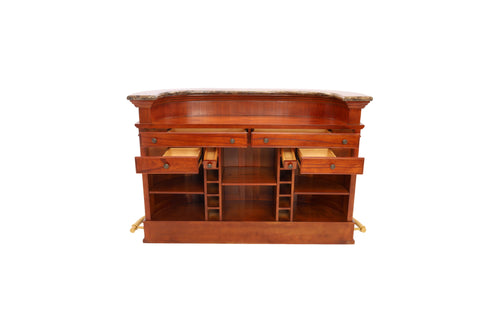 Wrought Studio Vintage American Hand-Carved Home Bar - Solid Wood Construction, Marble Top, with Wine Storage, Brushed Copper Footrest, image 10