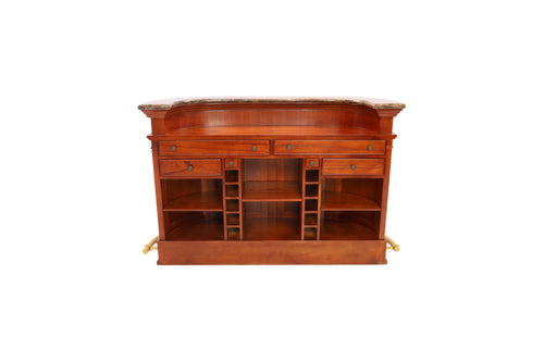 Wrought Studio Vintage American Hand-Carved Home Bar - Solid Wood Construction, Marble Top, with Wine Storage, Brushed Copper Footrest, image 6