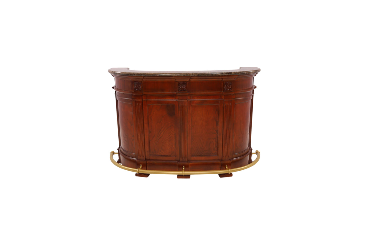 Wrought Studio Vintage American Hand-Carved Home Bar - Solid Wood Construction, Marble Top, with Wine Storage, Brushed Copper Footrest