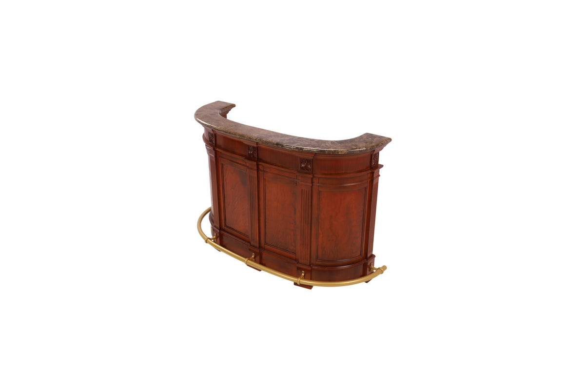 Wrought Studio Vintage American Hand-Carved Home Bar - Solid Wood Construction, Marble Top, with Wine Storage, Brushed Copper Footrest