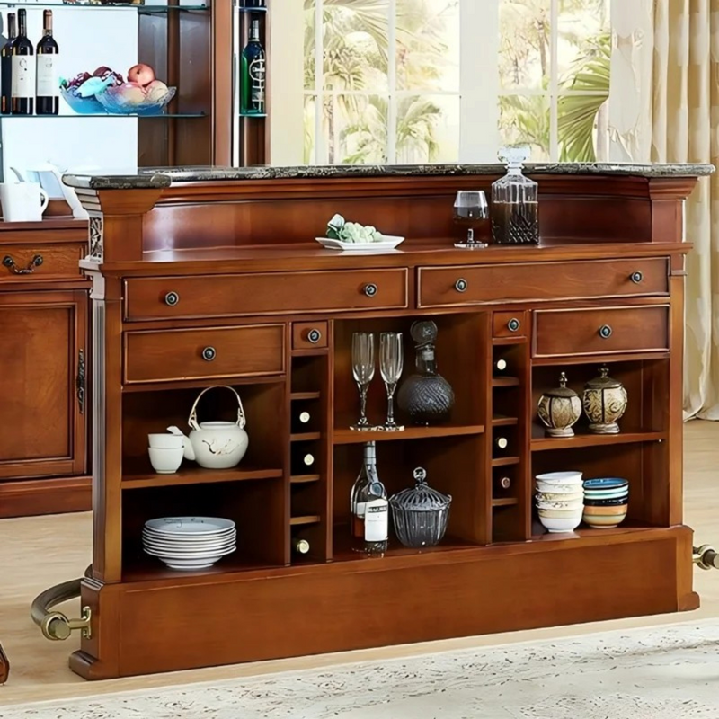 Wrought Studio Vintage American Hand-Carved Home Bar - Solid Wood Construction, Marble Top, with Wine Storage, Brushed Copper Footrest