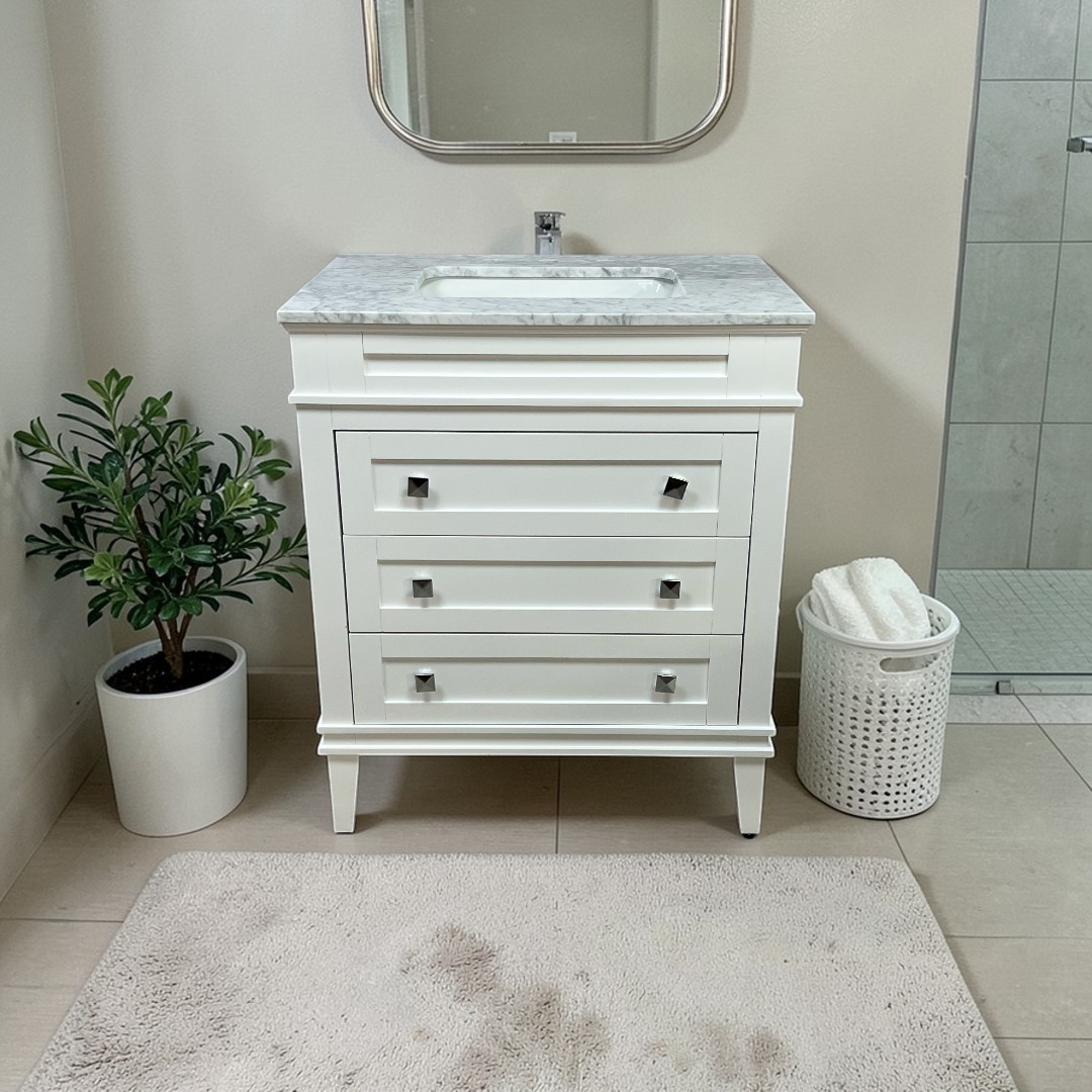Birch Lane Frankfurt Single Bathroom Vanity Set with White Cabinet and Carrara Marble Countertop
