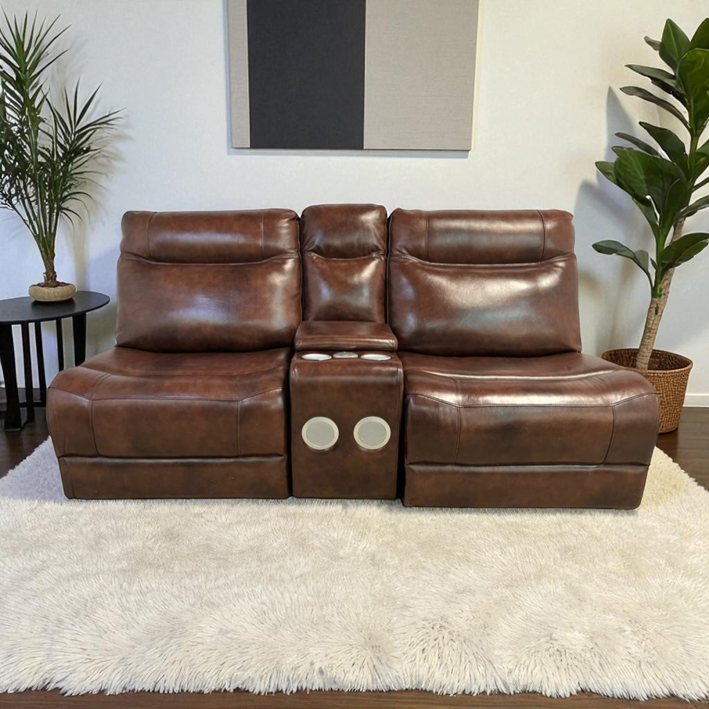 Brown Leather Armless Loveseat with Speakers