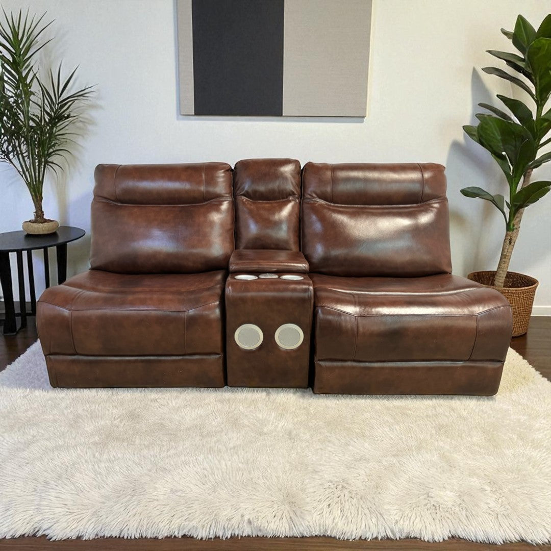 Brown Leather Armless Loveseat with Speakers