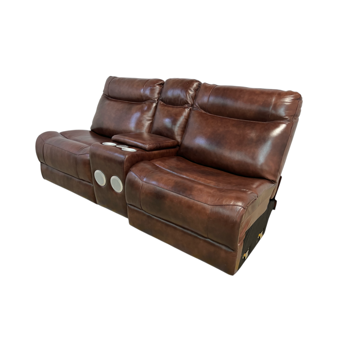 Brown Leather Armless Loveseat with Speakers