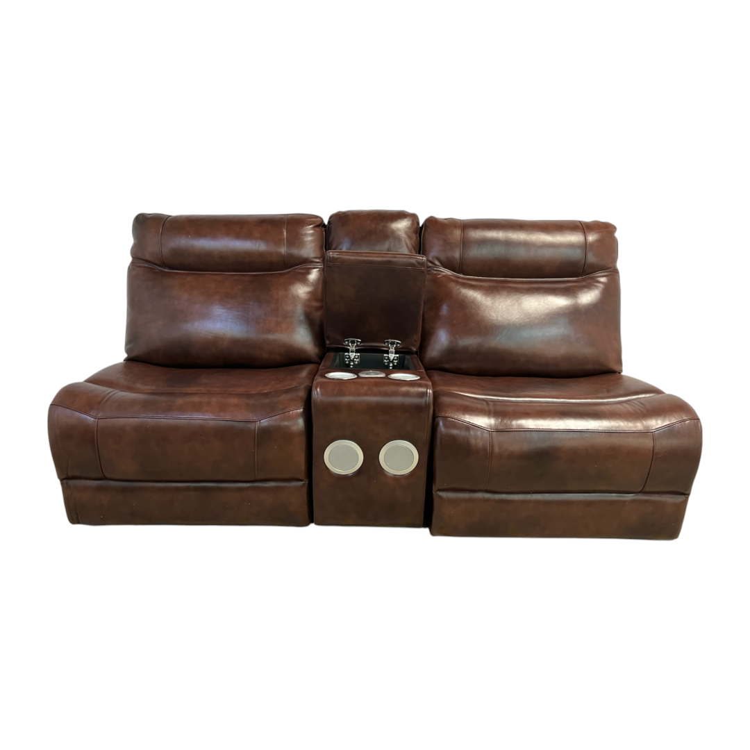 Brown Leather Armless Loveseat with Speakers