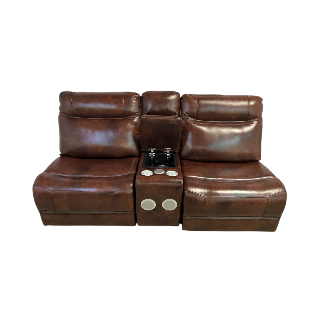 Brown Leather Armless Loveseat with Speakers